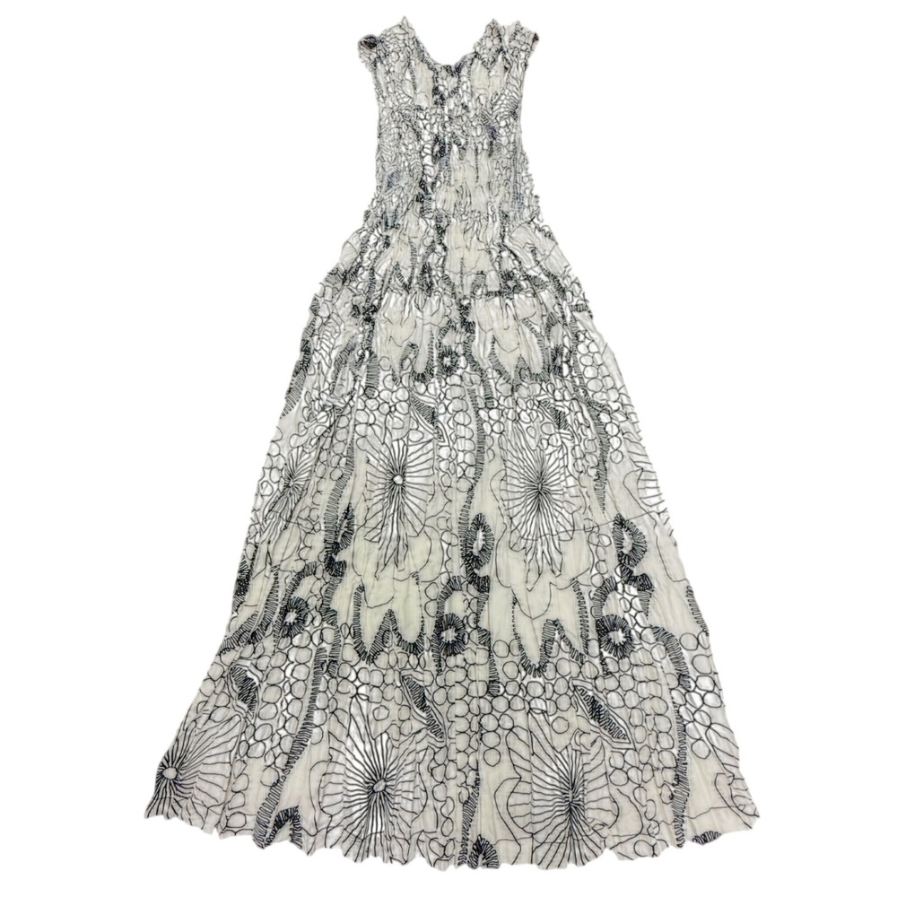 Alquema Micro Pleat Crinkle Maxi Apron Dress Womens L Black White Botanical